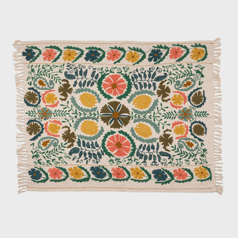 Cotton Slub Embroidered Throw Suzani Pattern and Tassels