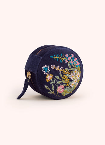 Navy Floral Round Jewelery Box