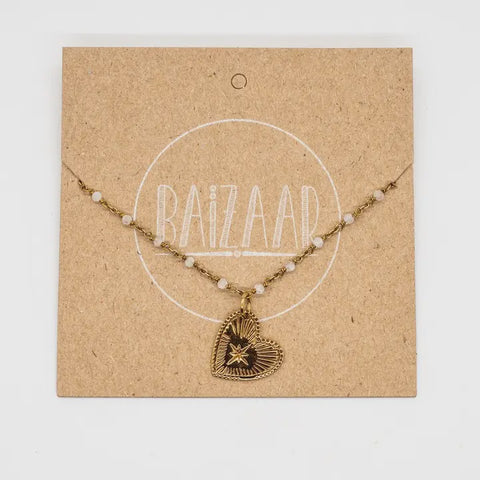 Brass Crooked Heart Necklace Moonstone