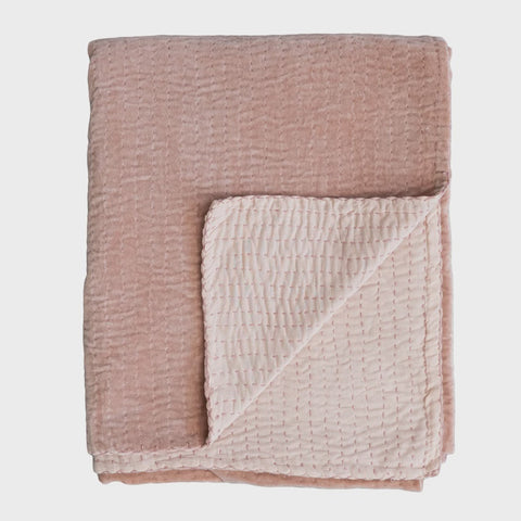 Cotton Velvet Throw With Kantha Stitch Blush Color