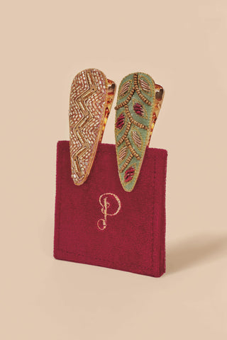 Jewelled Hair Clips (Set of 2) - Zig Zag and 60s Abstract, Cream & Sage - Cream & Sage