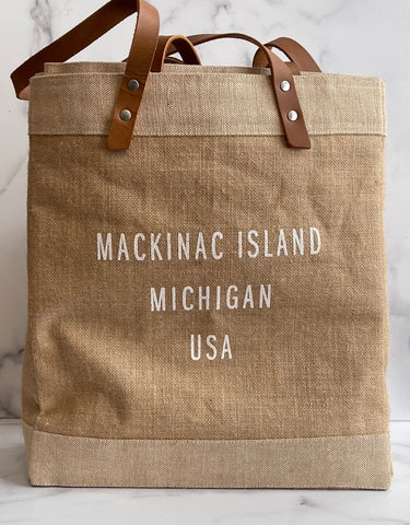 Mackinac Island Long Handle Market Tote Bag White Font