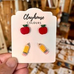 Teacher Earrings Clay Studs Pencils and Apples