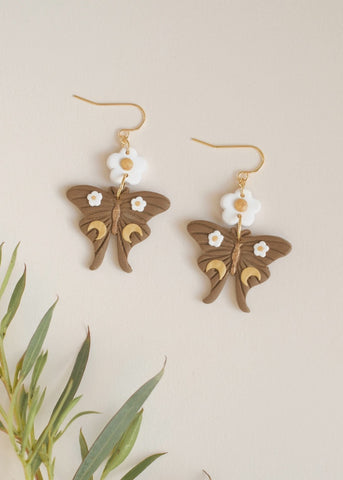 Brown Moth Clay Blossom Earrings