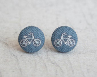 Tiny Navy Bike Fabric Button Earrings